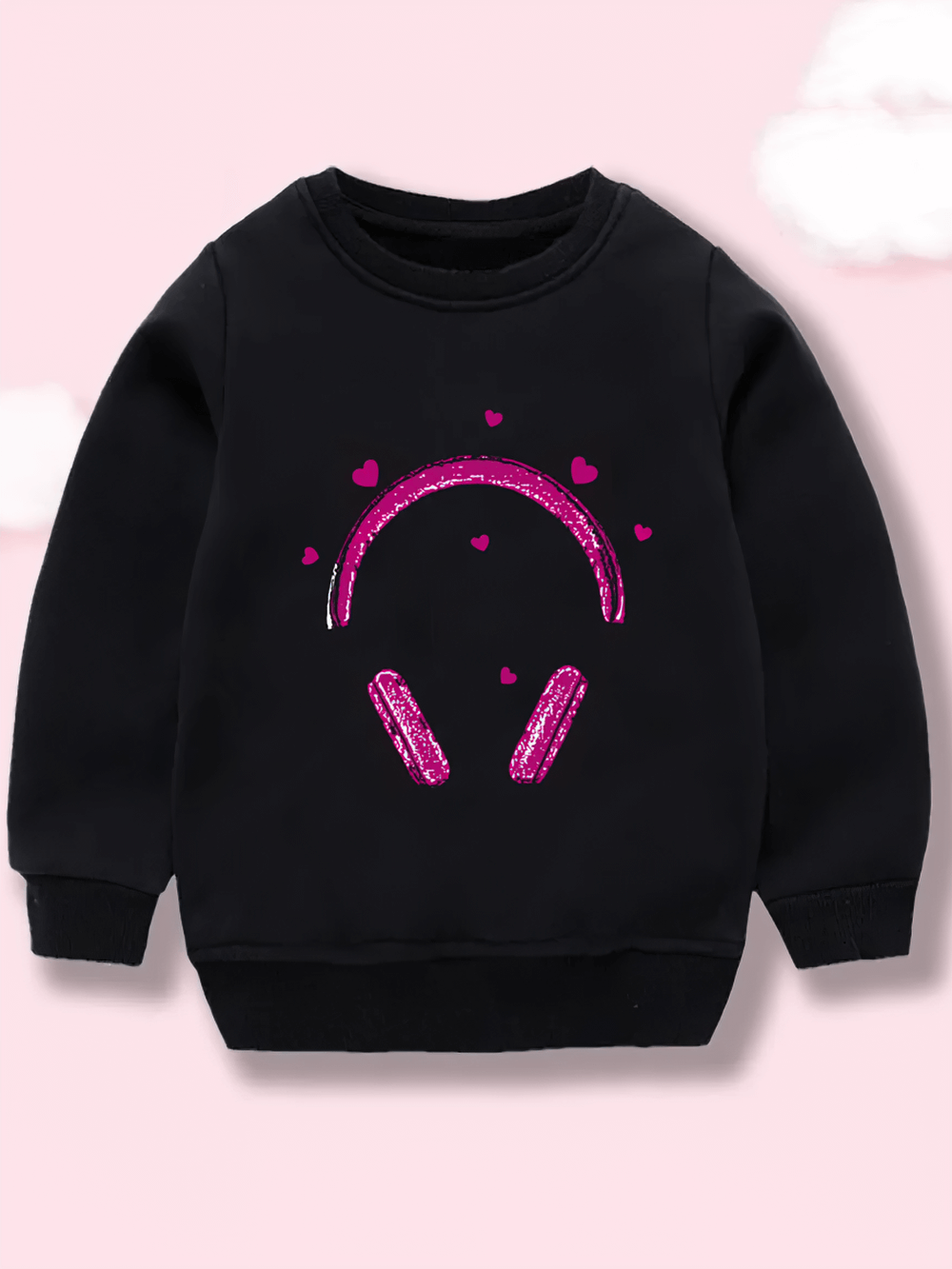 Glitter Headphones Print Music Sweatshirt - SF3647 with heart accents on black fabric, perfect for music-loving kids.