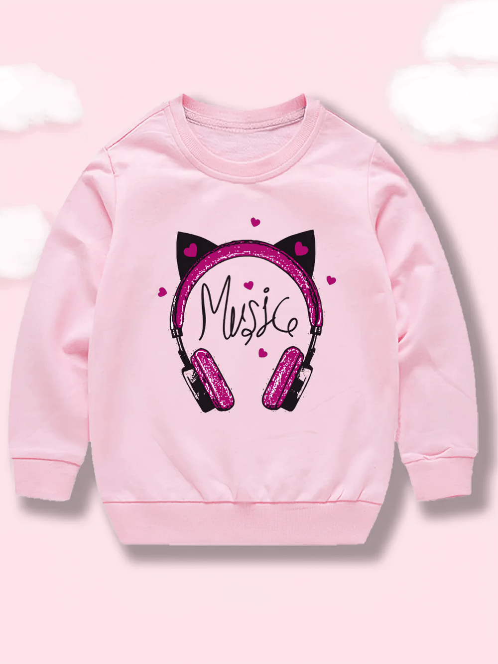 Glitter Headphones Print Music Sweatshirt - SF3647 featuring pink sparkle headphones and heart design for music lovers.