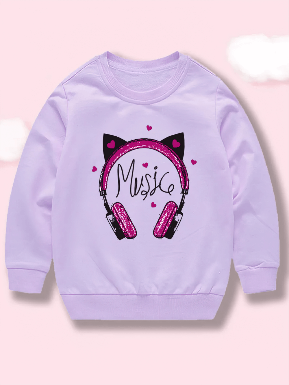 Glitter Headphones Print Music Sweatshirt - SF3647; cute purple sweatshirt with sparkle headphones and hearts, perfect for girls.