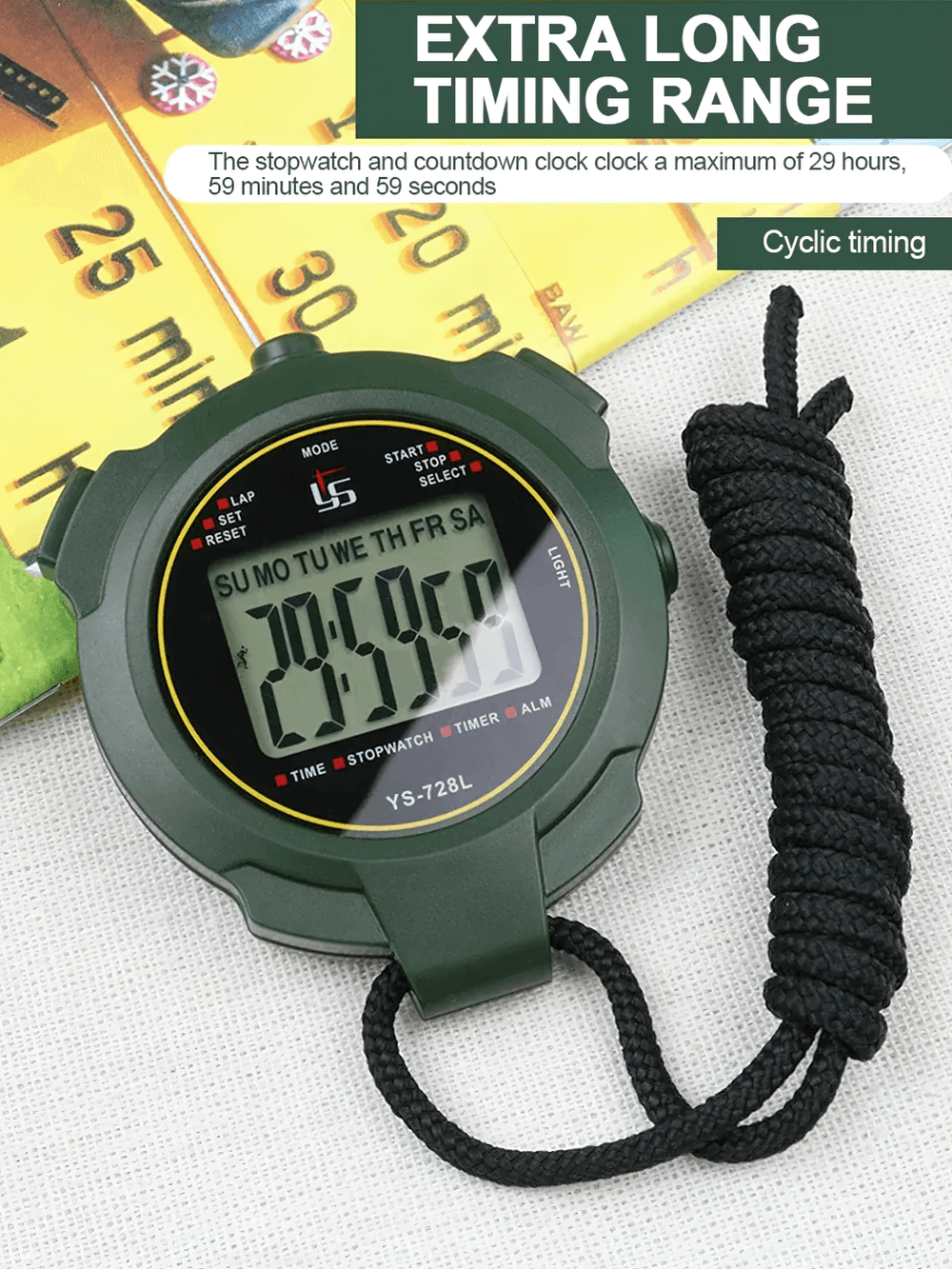 Glow-in-the-Dark Stopwatch SF3078 with countdown timer, featuring extra long timing range up to 29 hours. Perfect for fitness tracking.