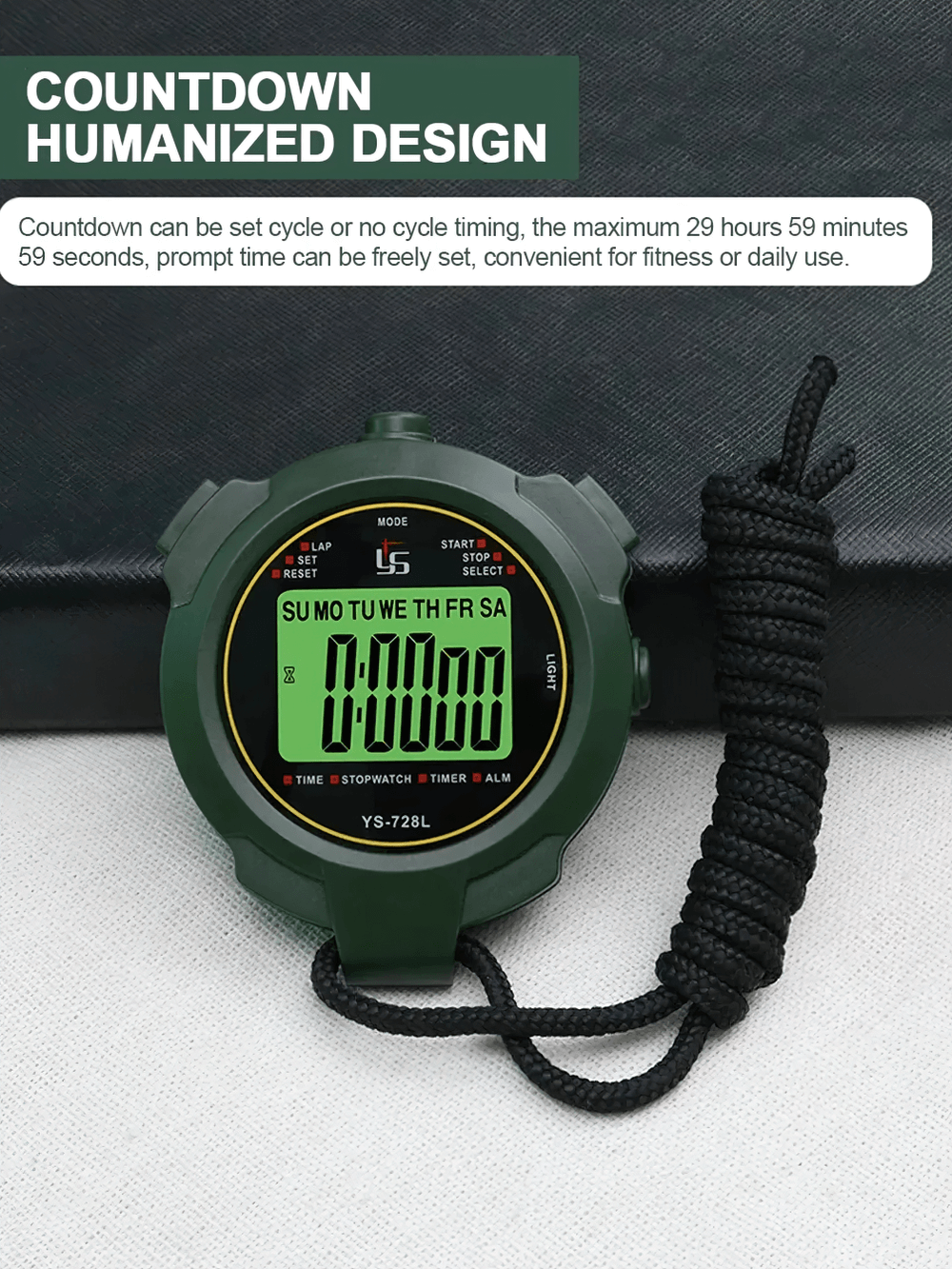 Glow-in-the-dark stopwatch SF3078 with countdown timer, max 29h 59m. Ideal for fitness or daily use. Model YS-728L displayed.