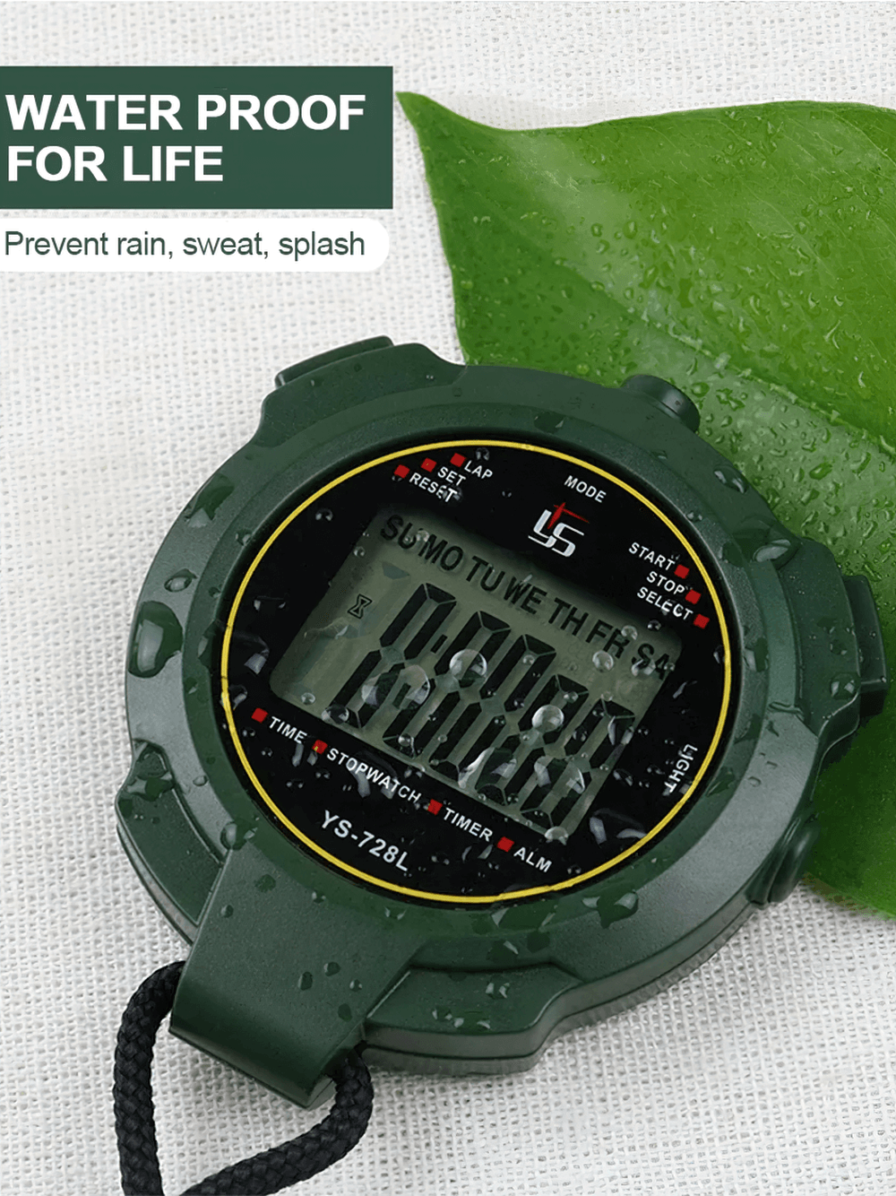 Waterproof stopwatch SF3078 with countdown timer feature, wet from rain, on a leafy background. Ideal for sports and outdoor use.
