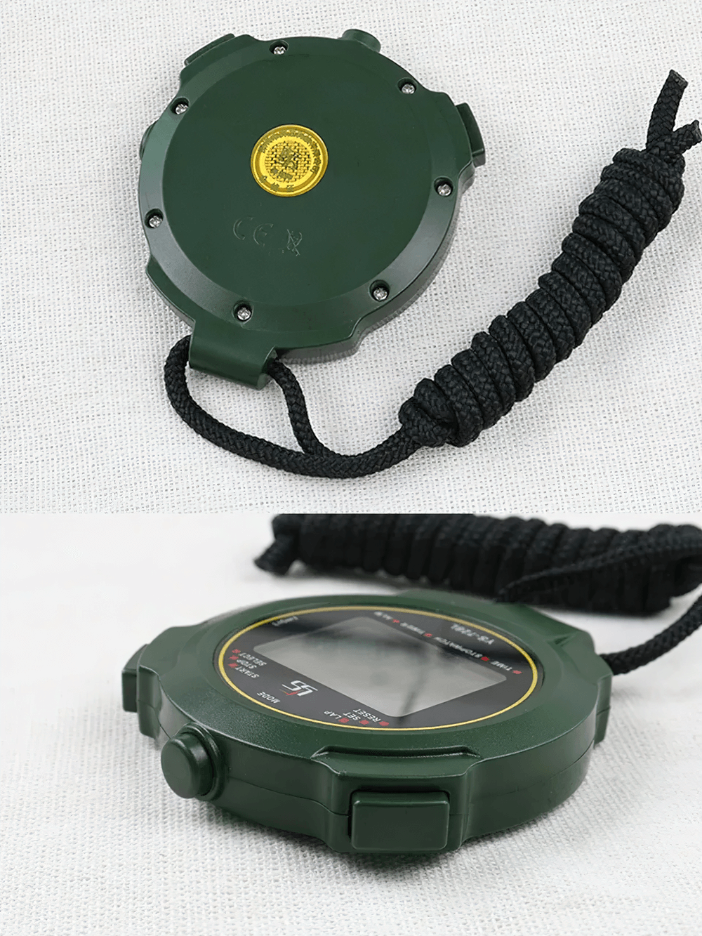 Glow-in-the-dark stopwatch with countdown timer SF3078, green design with rope, perfect for timing in dark environments.