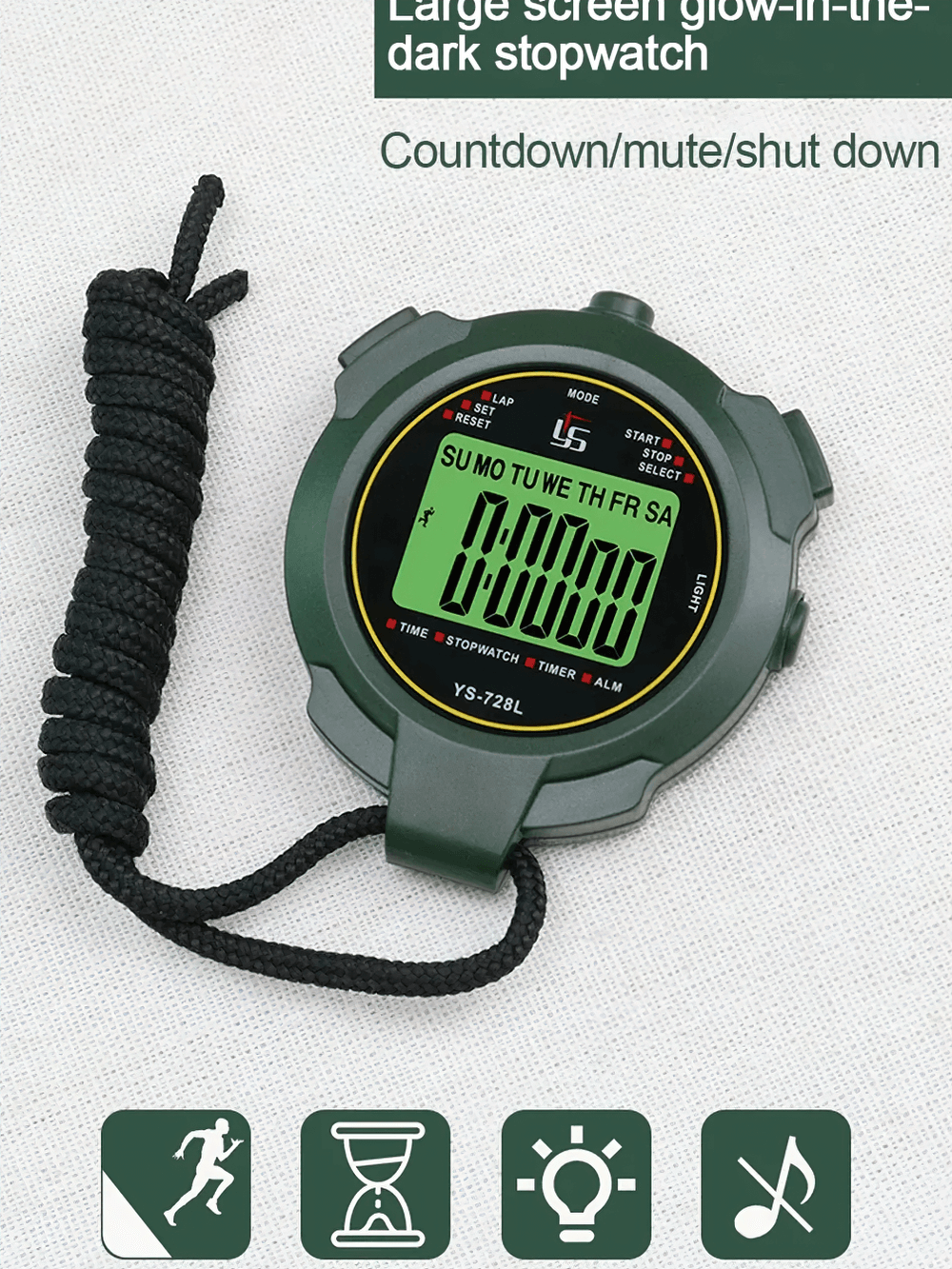 Dark green glow-in-the-dark stopwatch featuring countdown timer, mute, and shut down functions with large screen display.