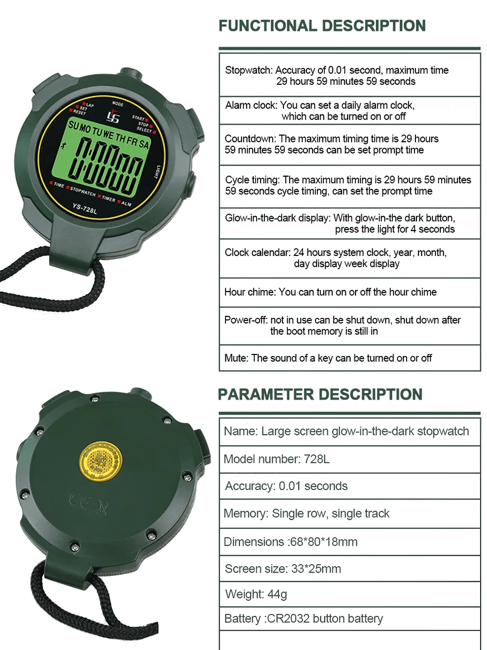 Green glow-in-the-dark stopwatch with countdown timer and alarm features, model 728L, showcasing functional and parameter specs.