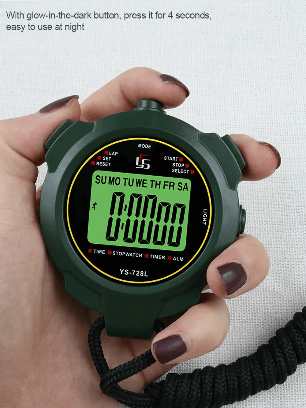 Person holding glow-in-the-dark digital stopwatch SF3078 with countdown timer in hand, easy nighttime use.