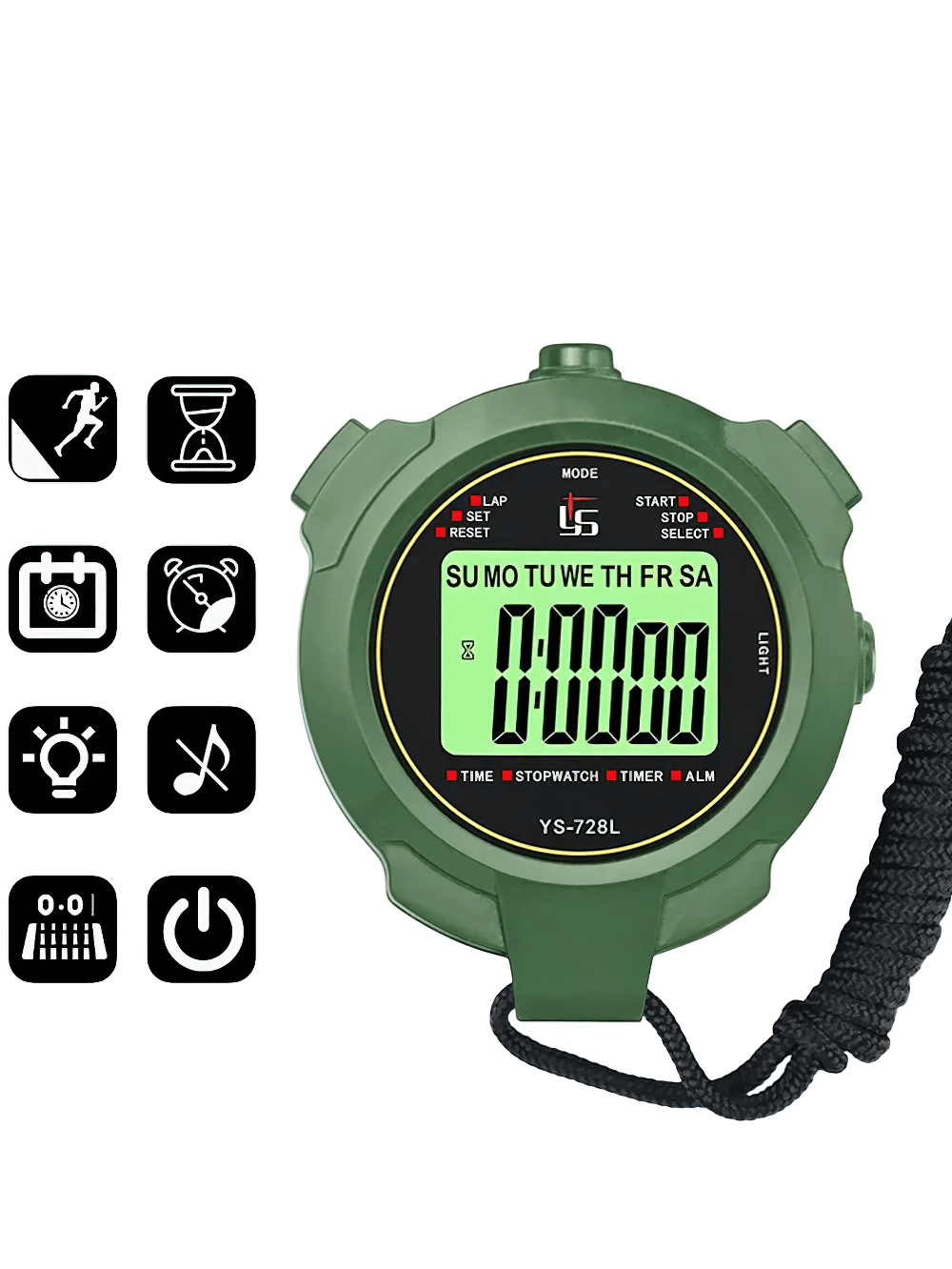 Green glow-in-the-dark stopwatch with countdown timer SF3078, featuring days of the week and multiple function icons.