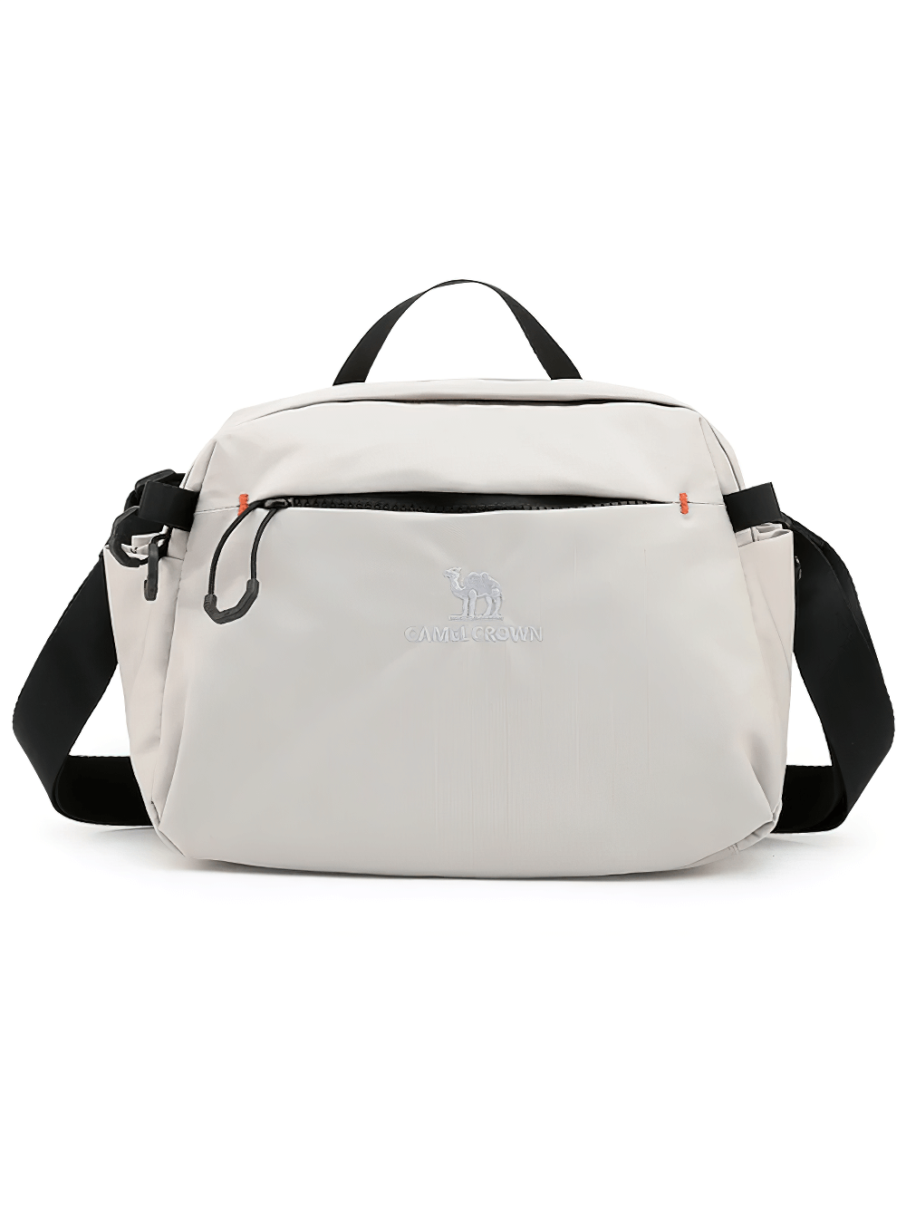 White nylon golf shoulder bag with adjustable straps and compartments for outdoor activities, suitable for men and women.