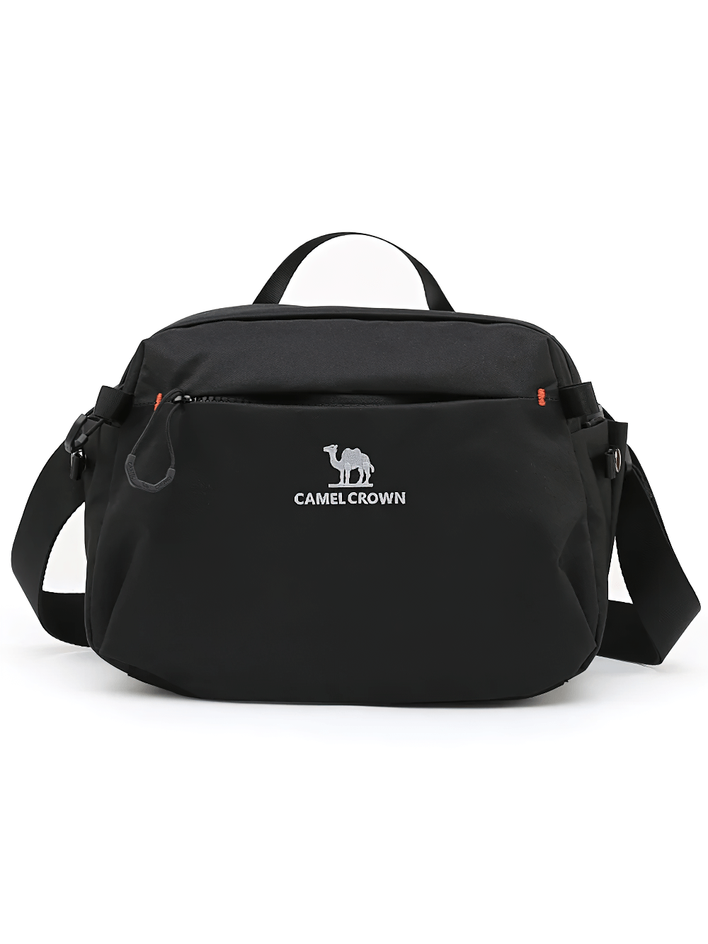 Black nylon outdoor shoulder bag with adjustable strap, ideal for golf and fitness activities, featuring multiple compartments.