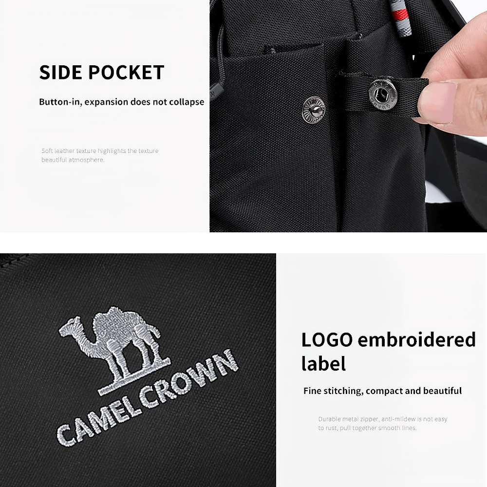 Close-up of Camel Crown golf bag with buttoned pocket and embroidered logo, showcasing durable nylon material.