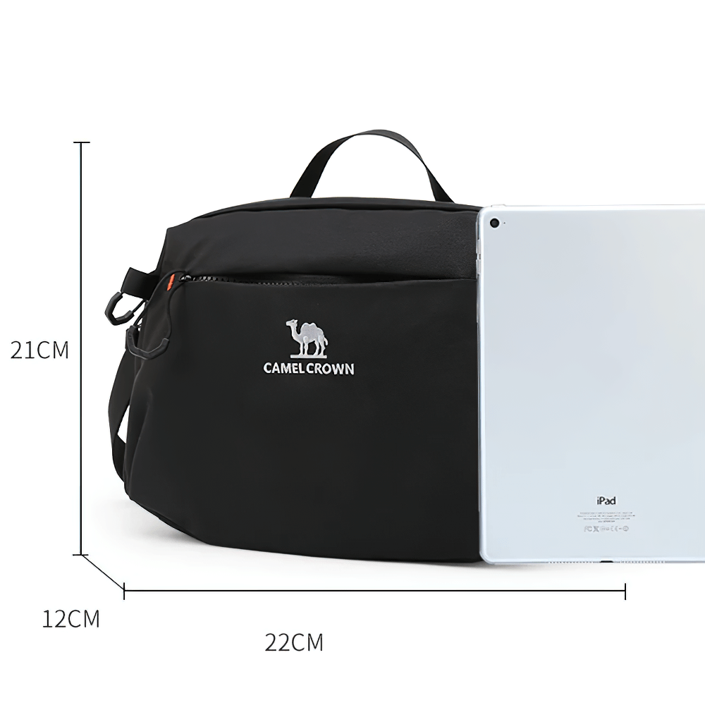 Black outdoor golf shoulder bag SF2296 with iPad for size comparison, featuring adjustable straps and compact design.