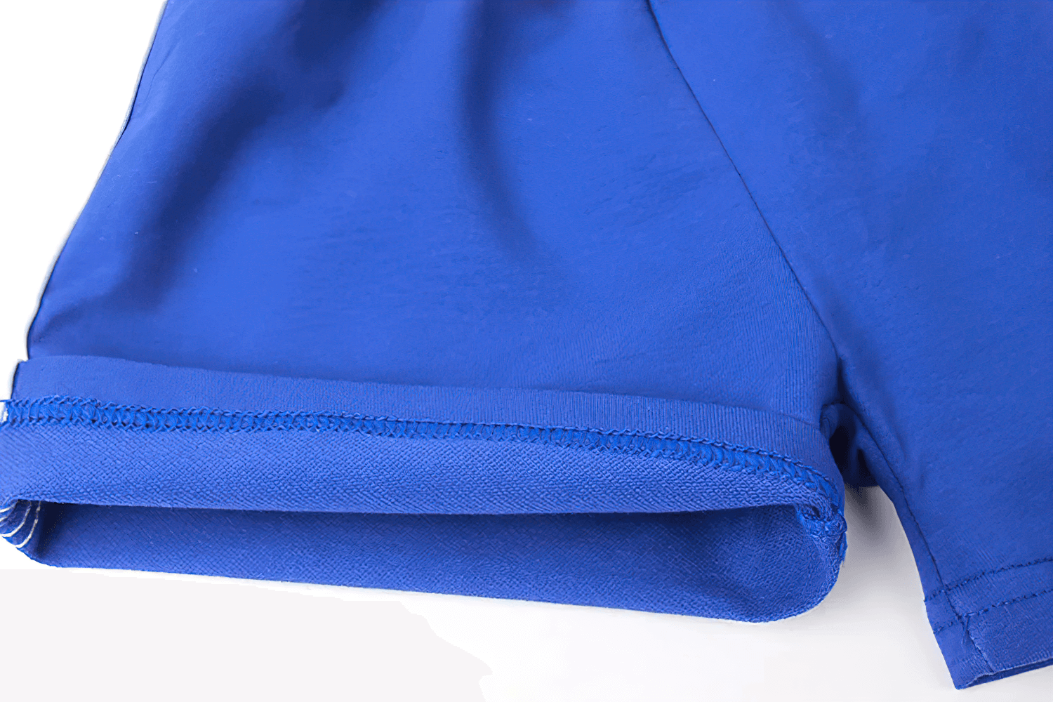 Close-up of blue Athletic Drawstring Shorts With Side Sport Stripes - SF3727 showcasing rolled hem and smooth fabric texture for kids.
