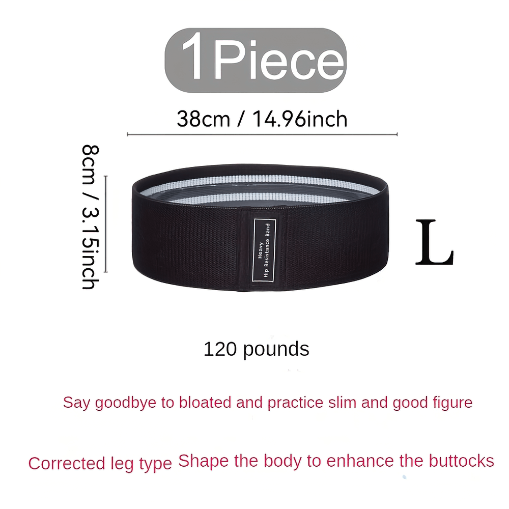 Large non-slip black fabric resistance band for leg and glute workouts, 14.96 inches, supporting up to 120 pounds.