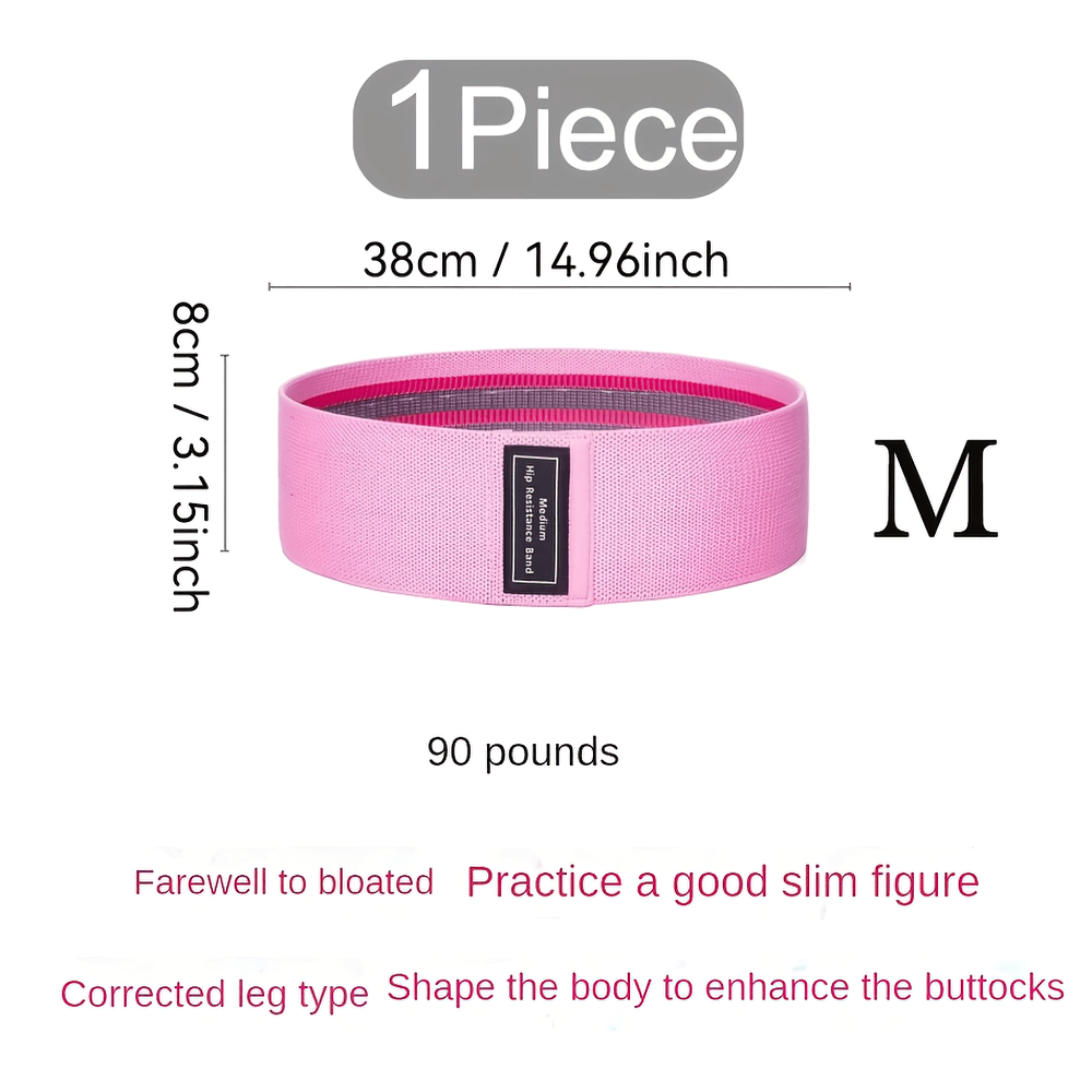 Pink non-slip fabric resistance band, medium size, 90 pounds support for leg and glute workouts, shape and slim figure. Dimensions: 38cm x 8cm.