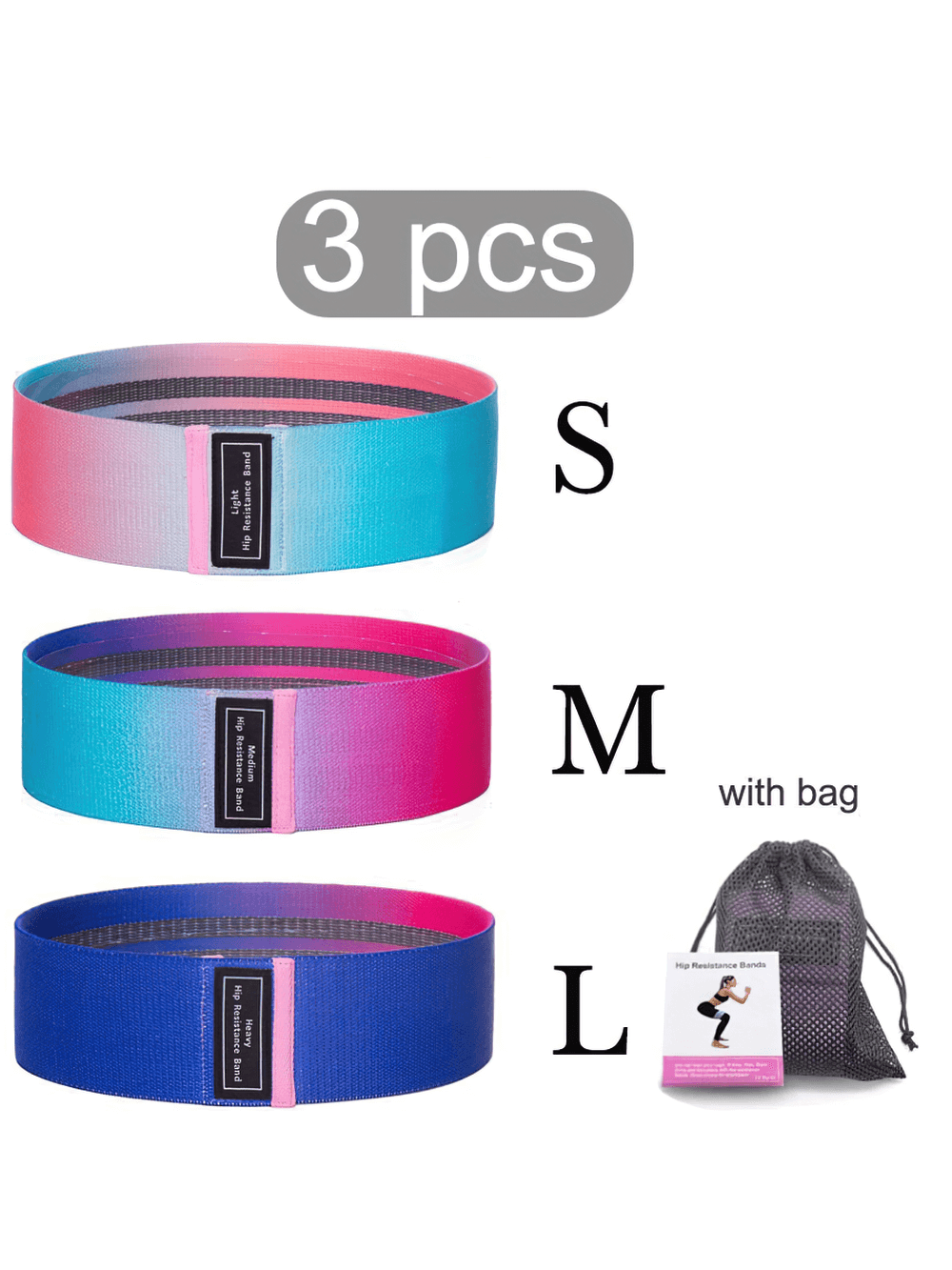 Gradient and camo hip resistance bands set, includes three non-slip fabric bands in light, medium, heavy resistances with storage bag.