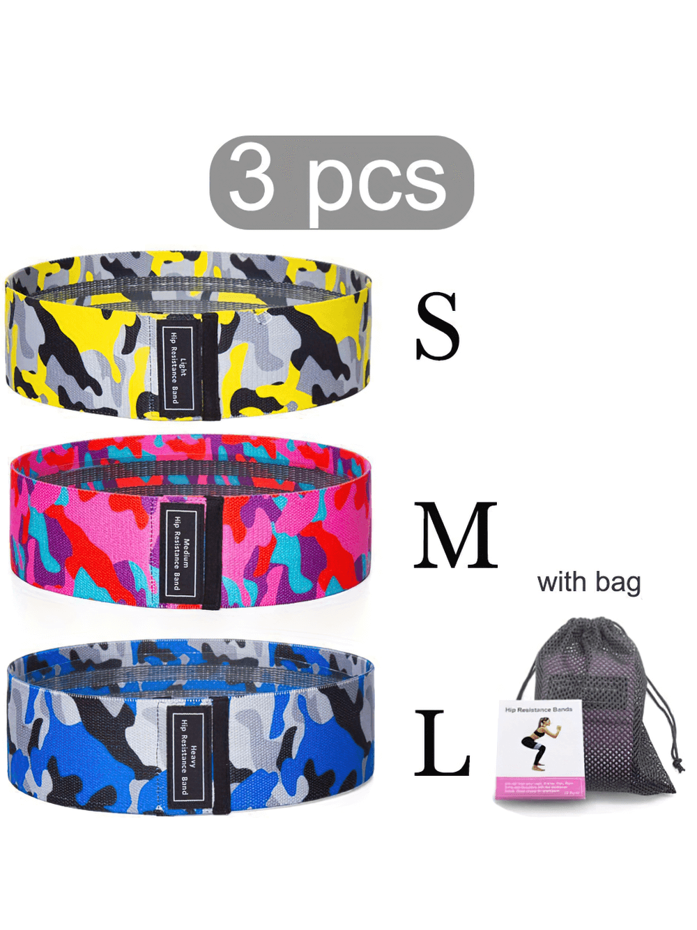 Colorful camo non-slip fabric resistance bands 3-piece set with storage bag for leg and glute workouts, SF3009.