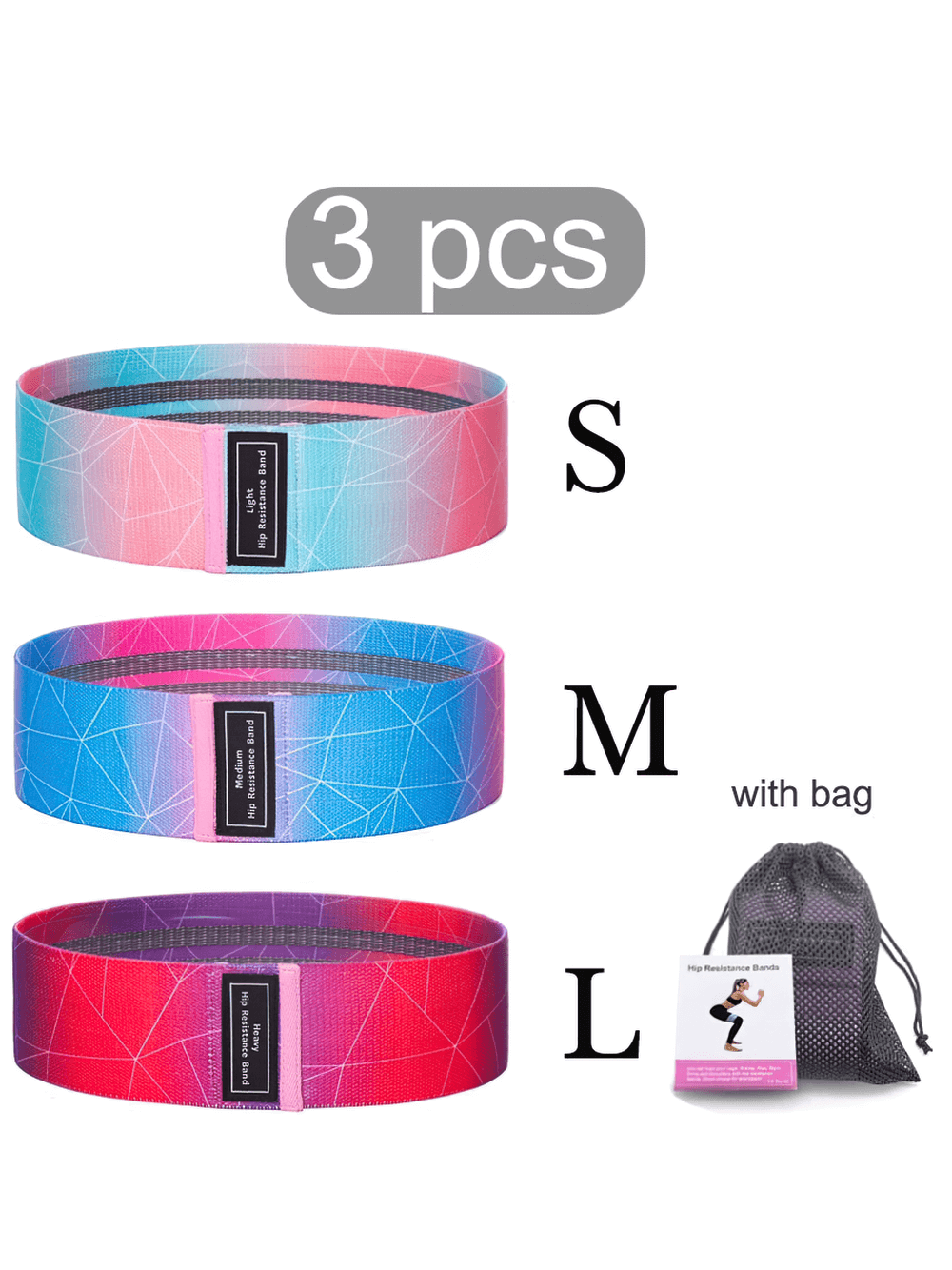 Gradient and camo hip resistance bands set of 3, sizes S-M-L, with storage bag for leg and glute workouts.