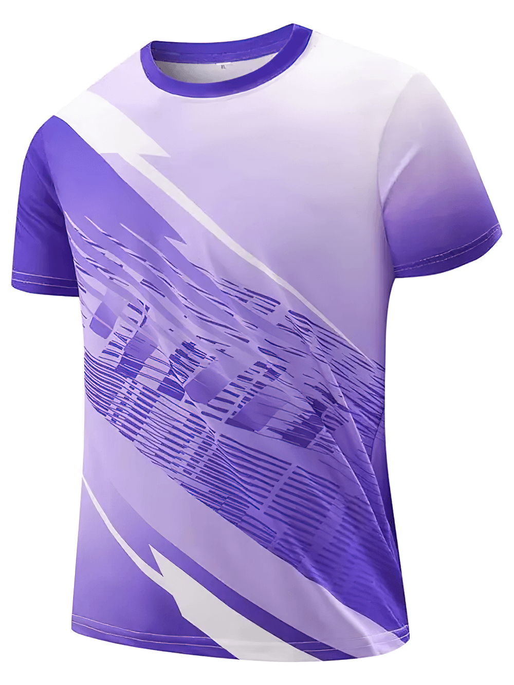 Alt Tag: Gradient Graphic Sports T-Shirt for Training - SF4323 men’s purple performance tee with diagonal abstract print, crew neck, short sleeves