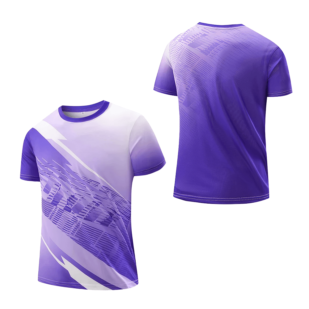 Alt Tag: Gradient Graphic Sports T-Shirt for Training - SF4323 purple abstract print men’s athletic performance tee, front and back view