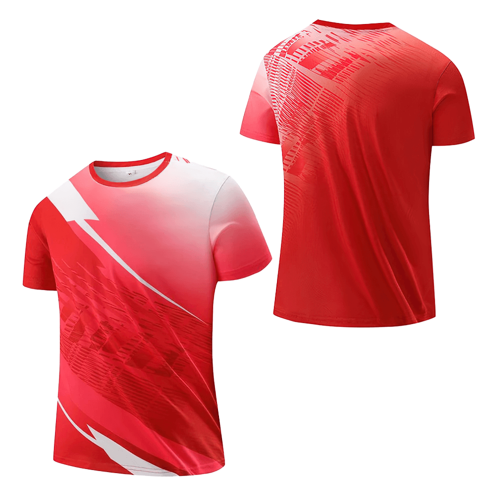 Alt Tag: Gradient Graphic Sports T-Shirt for Training - SF4323 red gradient athletic tee with bold diagonal abstract print, front and back view