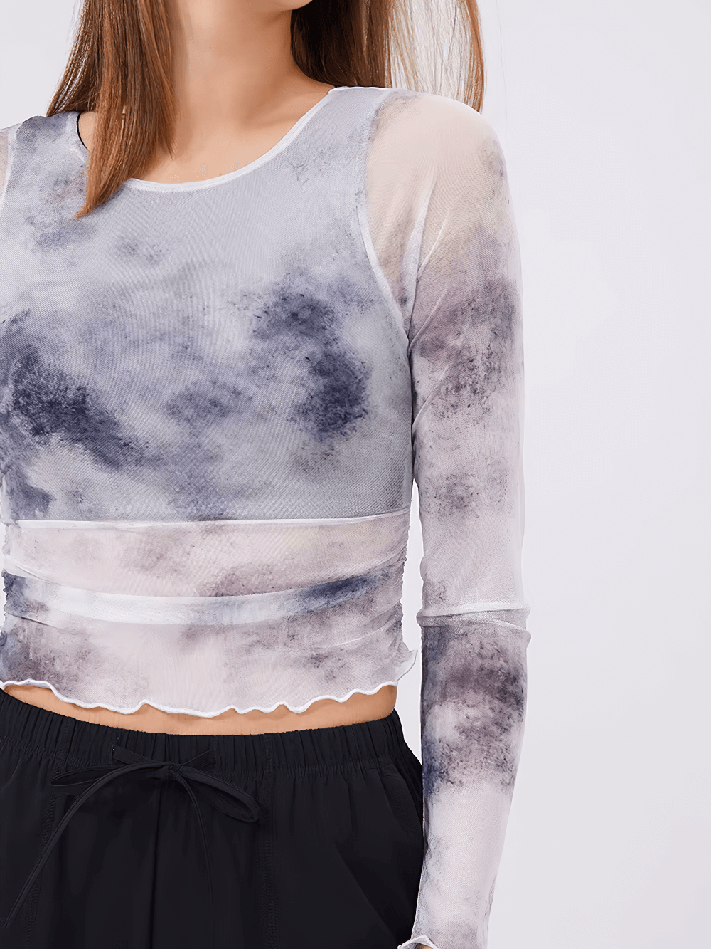 Women's gradient long-sleeve mesh yoga top with stylish cloud design, perfect for fitness and running, featuring breathable fabric.