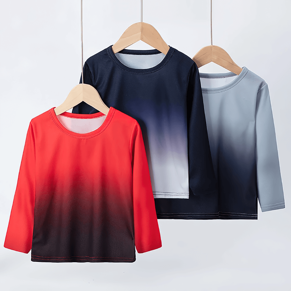 Gradient Long-Sleeved Sports Top for Boys - SF3853, featuring ombre activewear in red, blue, and gray hues for autumn activities.