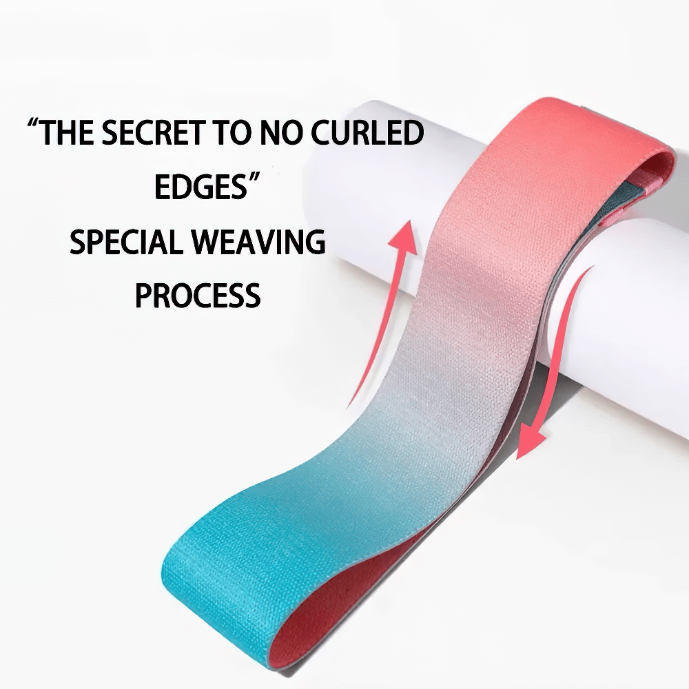 Gradient resistance band showcasing anti-slip design for stretching, squats, and yoga with special weaving process for no curled edges.