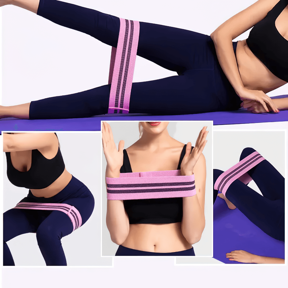 Woman using gradient resistance band for stretching, squats, and yoga; anti-slip elastic band for glute training and strength enhancement.