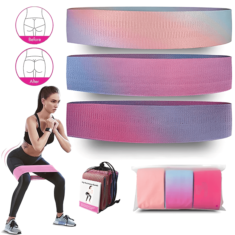Gradient resistance bands for squats and stretching, featuring anti-slip elastic loops, workout illustration, and carrying pouch