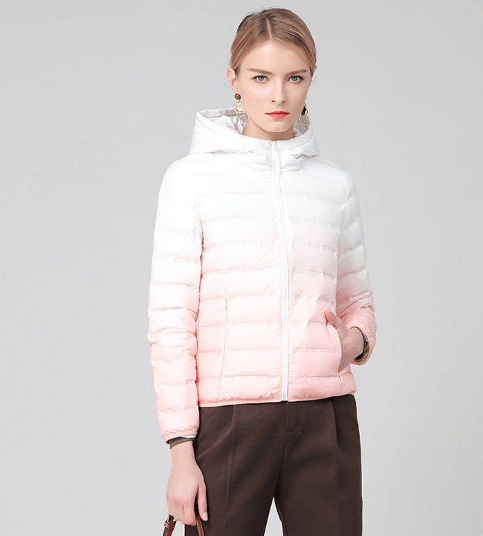 Gradient Stylish Sports Women's Down Jacket with Hood and pink-white gradient, perfect for casual outings, featuring zipper and pockets.