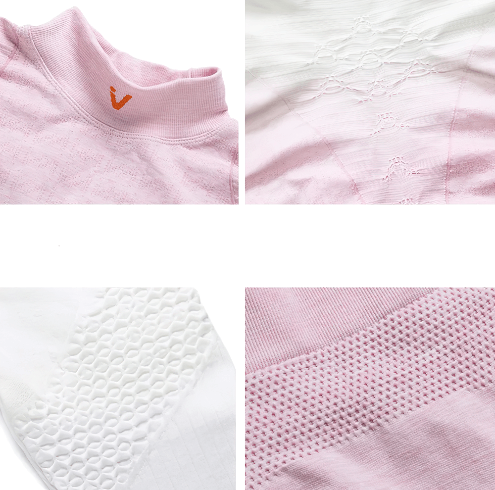 Close-up of gradient thermal base layer set fabric details for women, featuring soft pink and white textures from SF2487 series.