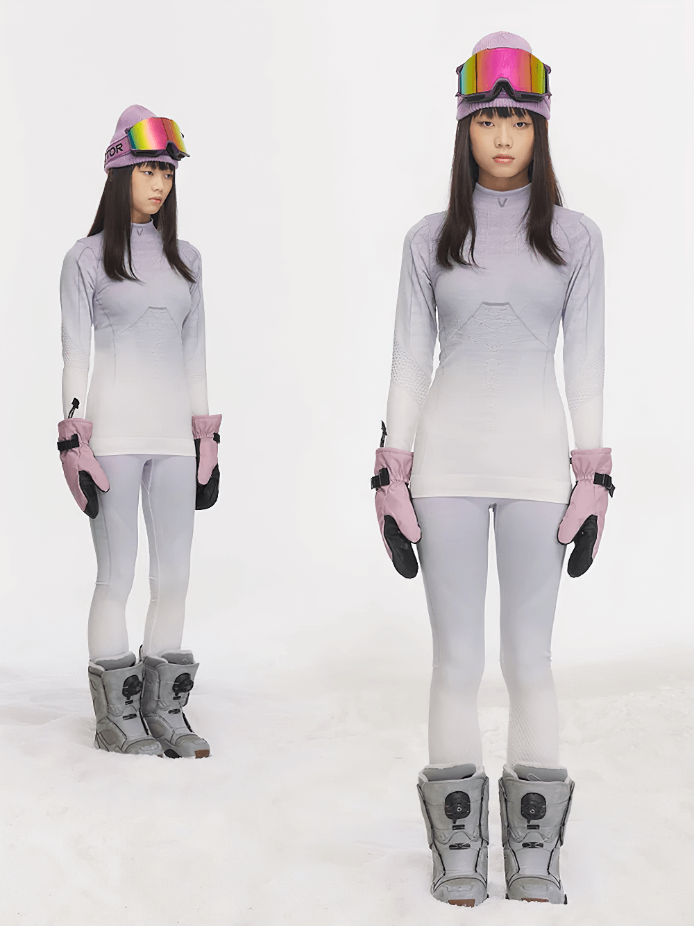 Women's gradient thermal base layer set with long sleeves and leggings, perfect for skiing. Model wearing winter gear, including goggles and boots.