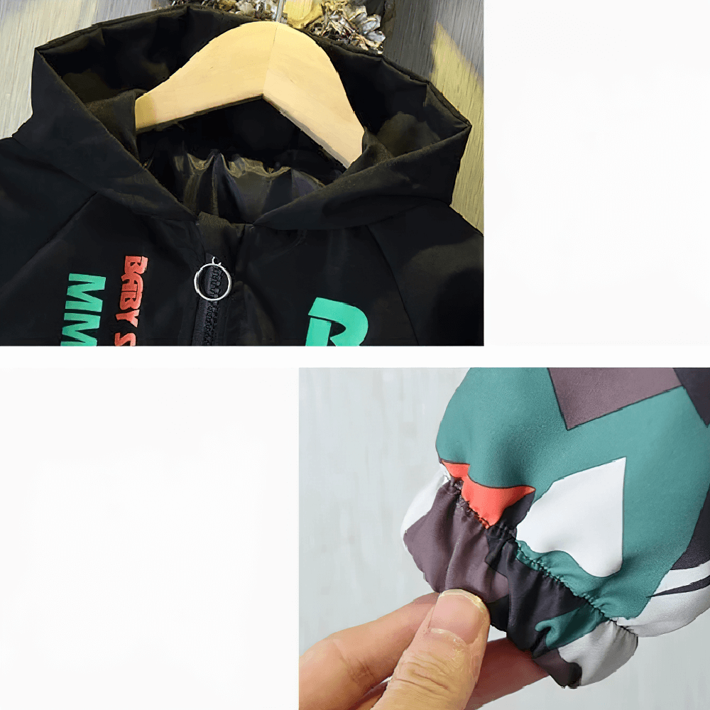 Graphic Zip Jacket with Hood and Contrast Panels - SF3535 featuring Baby Story print, elastic cuffs, and vibrant geometric design.