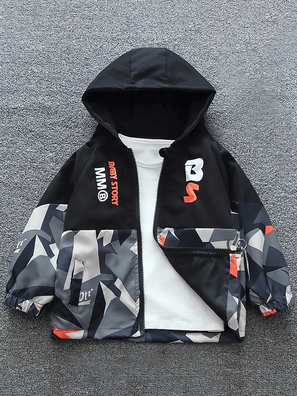 Graphic Zip Jacket with Hood and Contrast Panels - SF3535 featuring bold geometric print in black, gray, and orange with side pockets.
