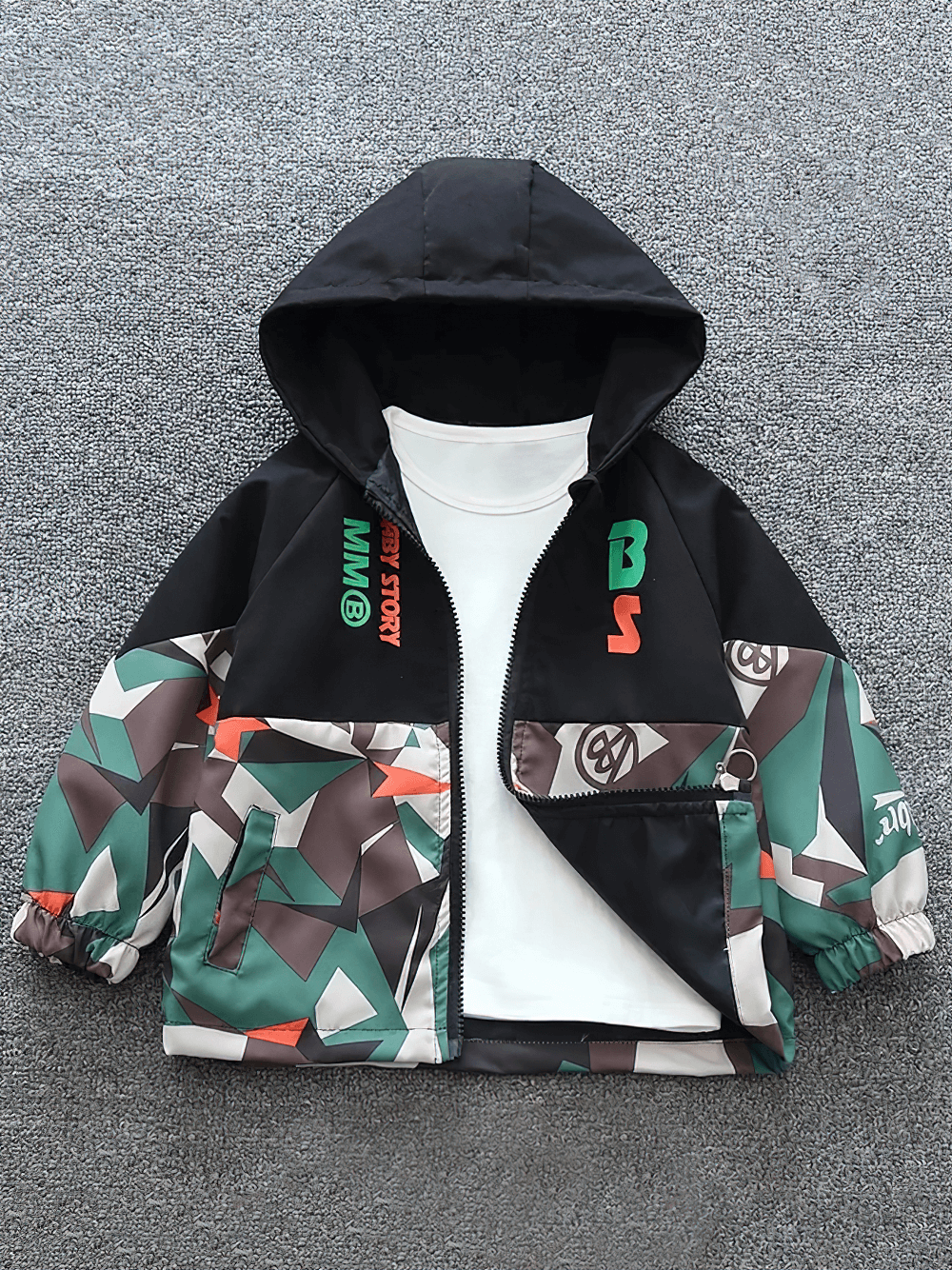 Graphic Zip Jacket with Hood and Contrast Panels - SF3535, kids' stylish geometric print in black, gray, and orange, with pockets