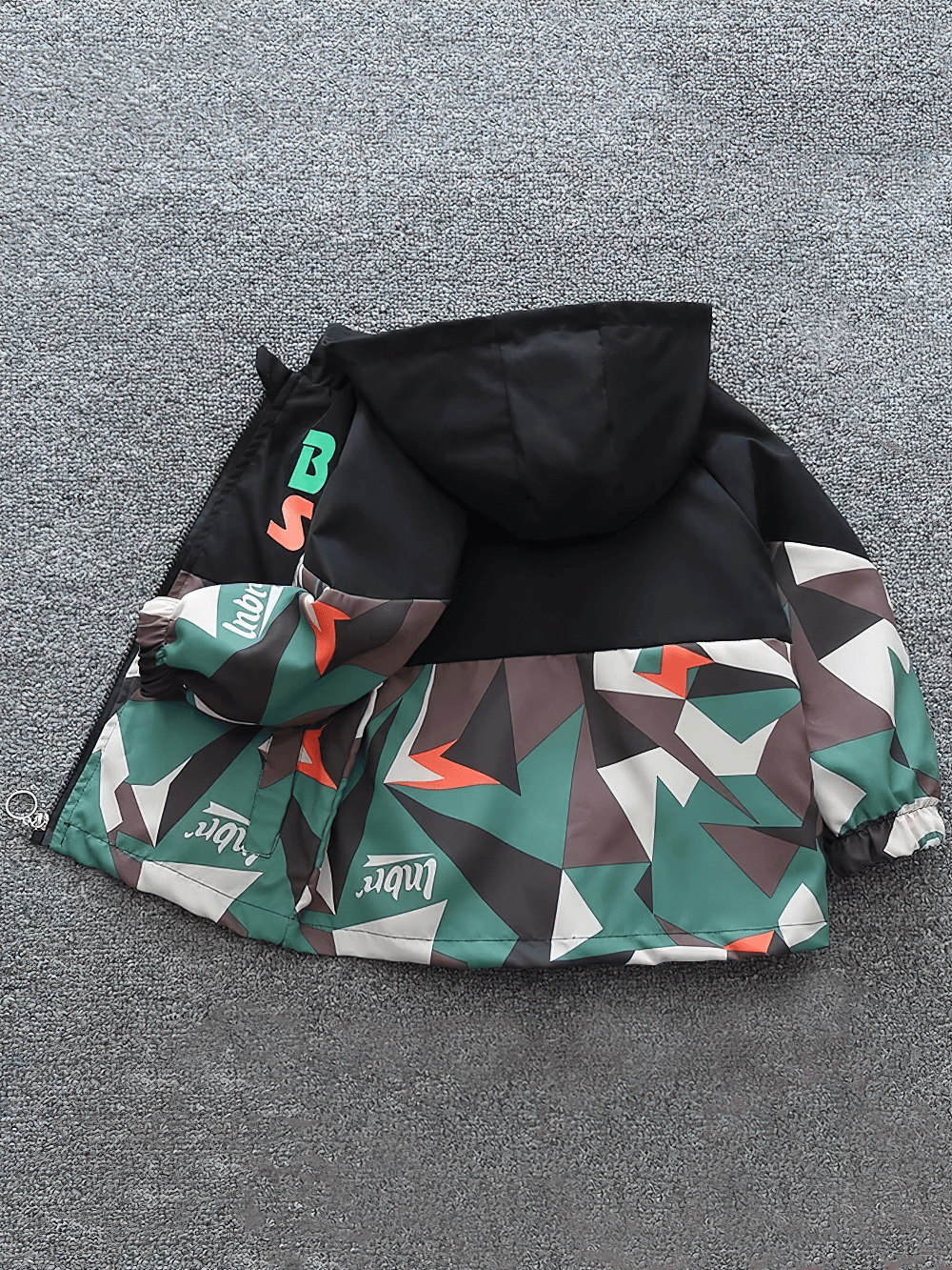 Graphic Zip Jacket with Hood and Contrast Panels - SF3535, kids' geometric print in black, gray, orange hues with elastic cuffs