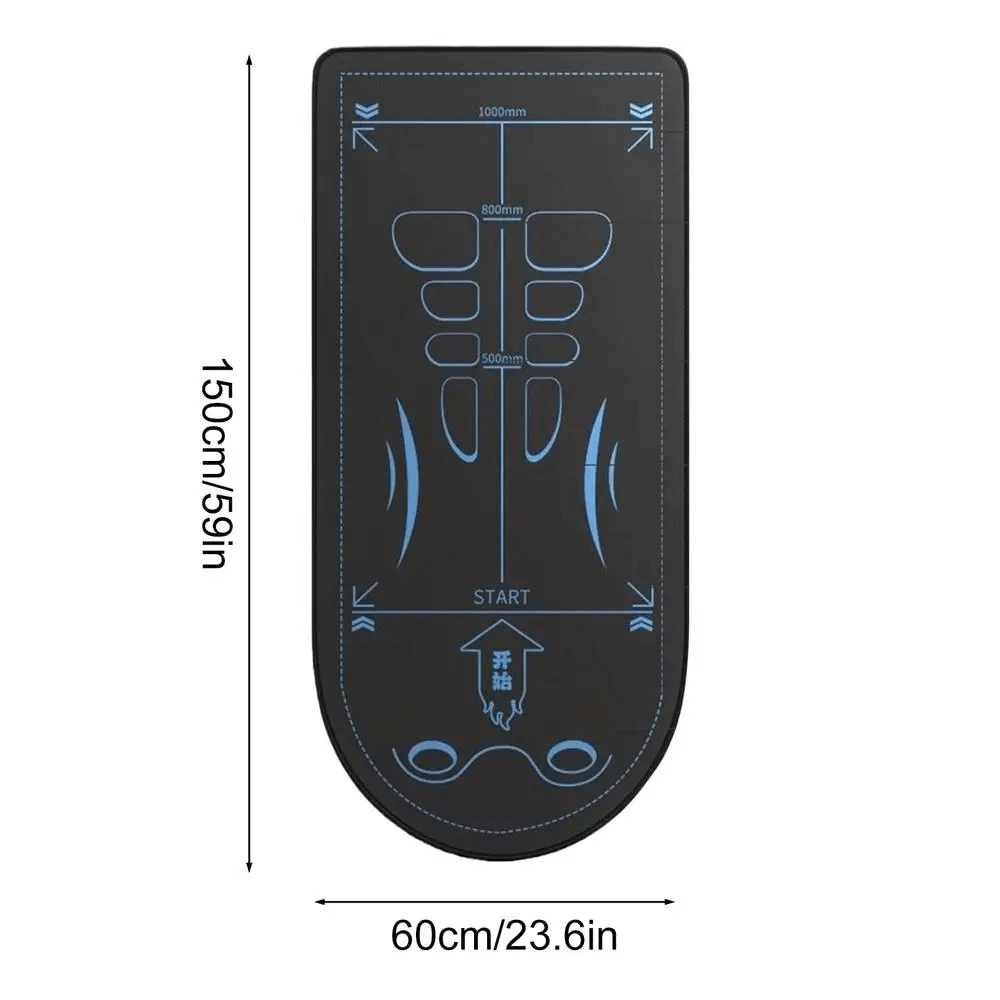 Guided ab roller exercise mat with marked zones, dimensions 150cm x 60cm.