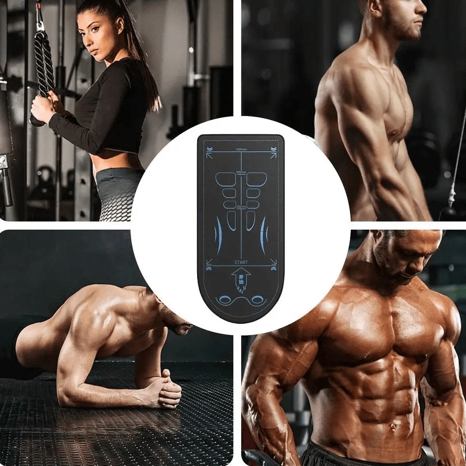 Guided ab roller exercise mat with marked zones SF3282, surrounded by fit people showcasing workout results in gym setting.