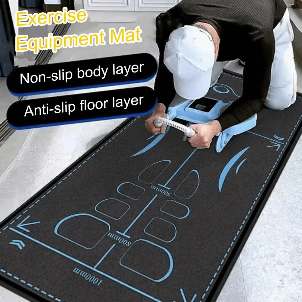 Person using a guided ab roller on an exercise mat with marked zones, featuring non-slip body and anti-slip floor layers.
