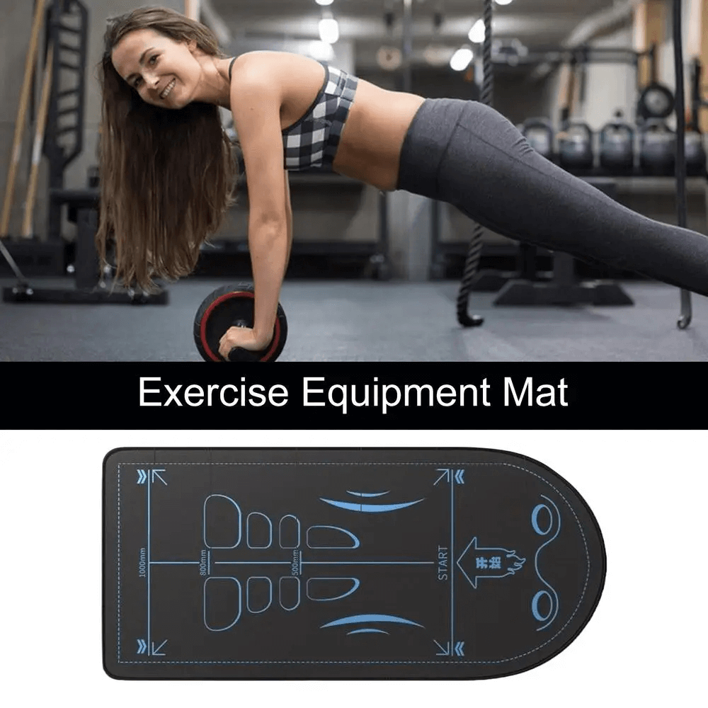 Person using an ab roller over a guided exercise mat with marked zones, showcasing fitness equipment in a gym setting.
