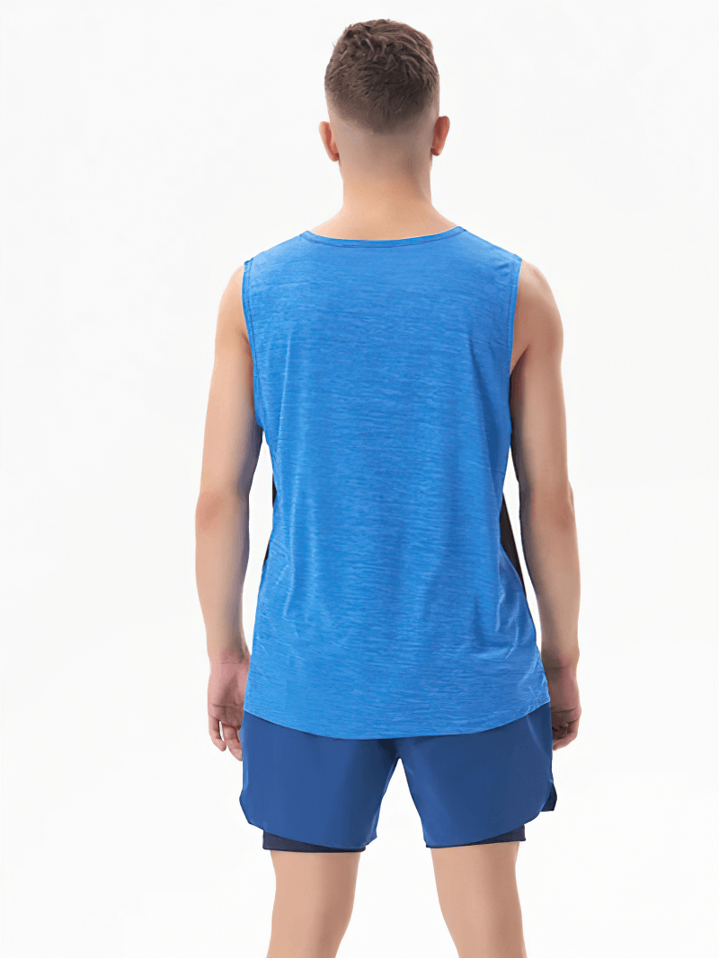 Back view of a man wearing a blue breathable gym tank top with an O-neck design.