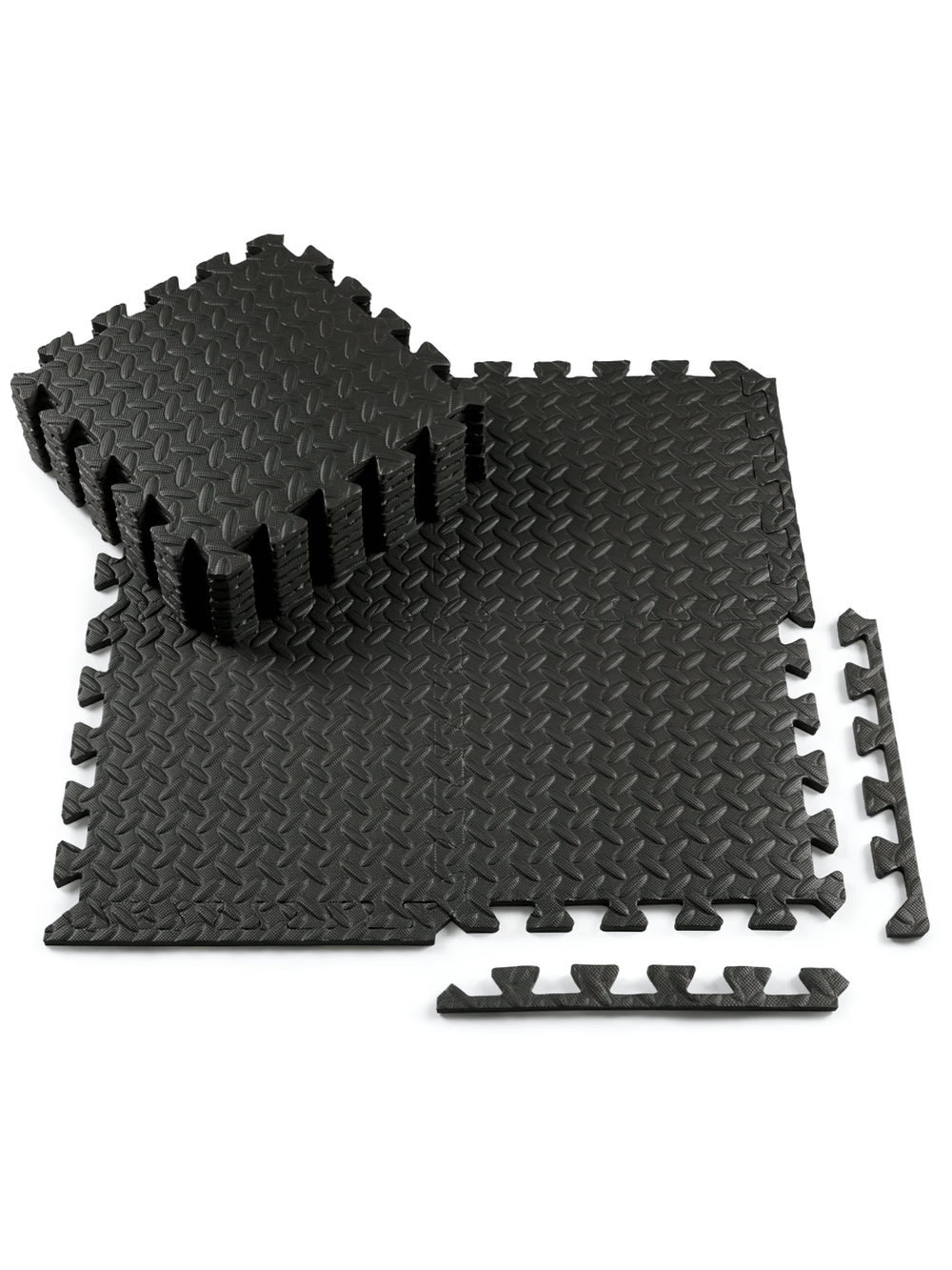 Black 30x30cm gym floor mats made of durable EVA foam with interlocking design for customizable home gym setup.