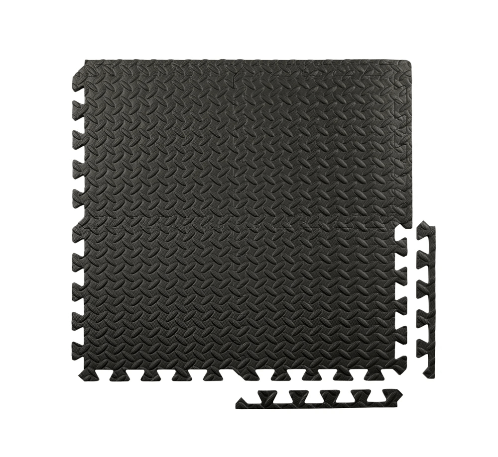 Black EVA foam gym floor mat tile with interlocking edges, ideal for home gym or workout areas, 30x30cm. Water-resistant and durable.