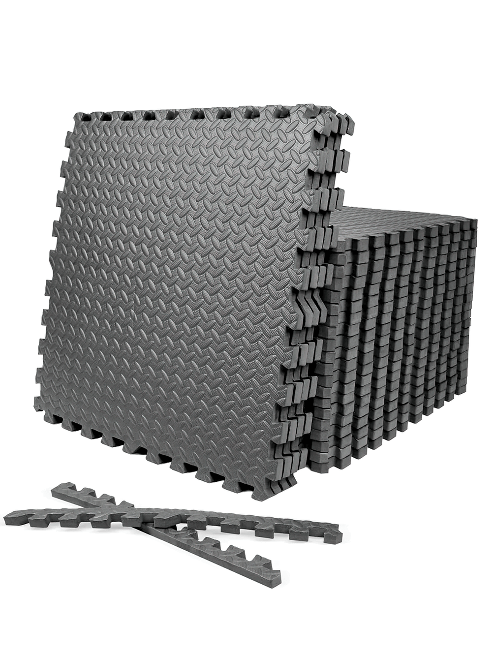 Durable 30x30cm interlocking EVA foam gym floor mats stack, ideal for customizable home gym surfaces and workout areas.