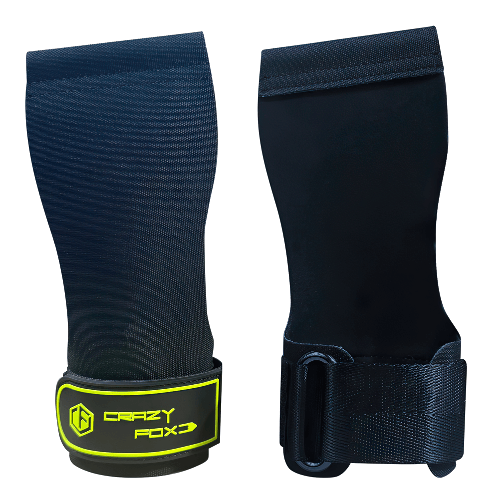 Gym Hand Grips with Wrist Strap Support - SF3518 offer palm protection and secure grip for fitness training in black with yellow logo.