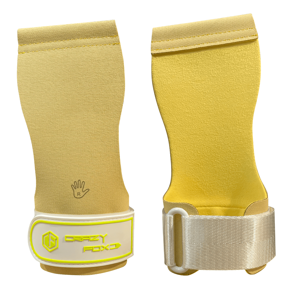 Yellow Gym Hand Grips with Wrist Strap Support - SF3518, padded for palm protection, ideal for pull-ups and weightlifting.