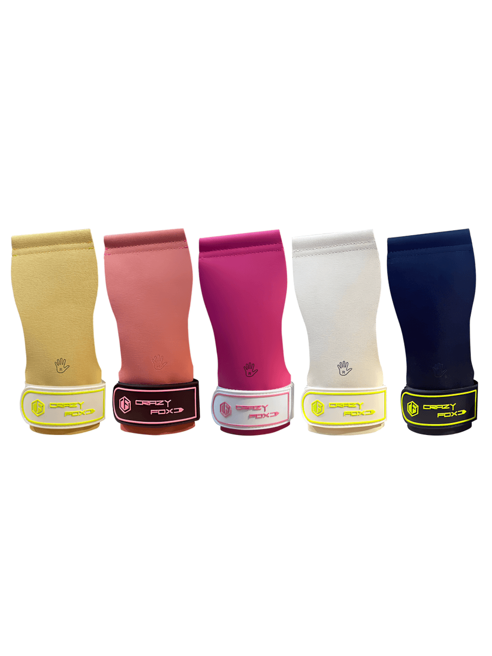 Colorful gym hand grips with wrist strap support - SF3518 displayed in a lineup of five, showcasing durable padding and secure Velcro closures.