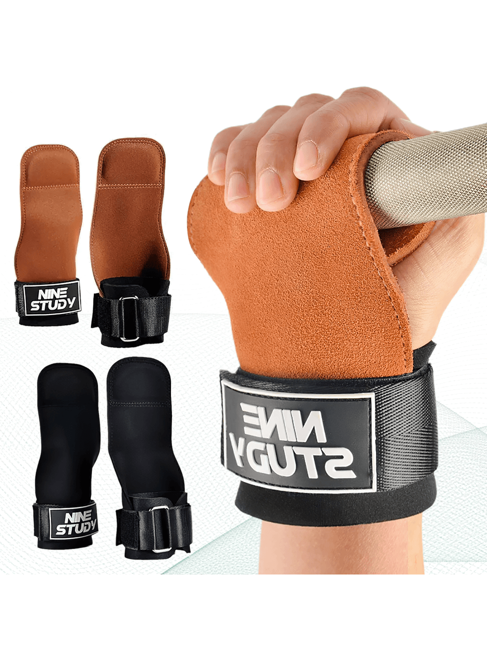 Gym Hand Grips with Wrist Support Straps - SF3506 shown on a hand holding a barbell, designed for superior grip and wrist protection.