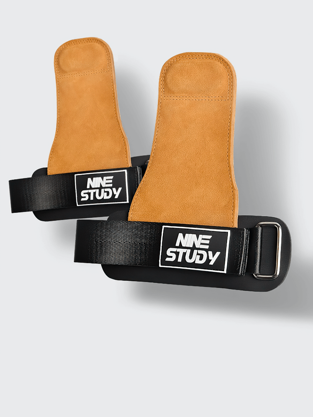 Gym Hand Grips with Wrist Support Straps - SF3506, anti-skid grips with wrist wraps for crossfit and weightlifting, brown and black design.