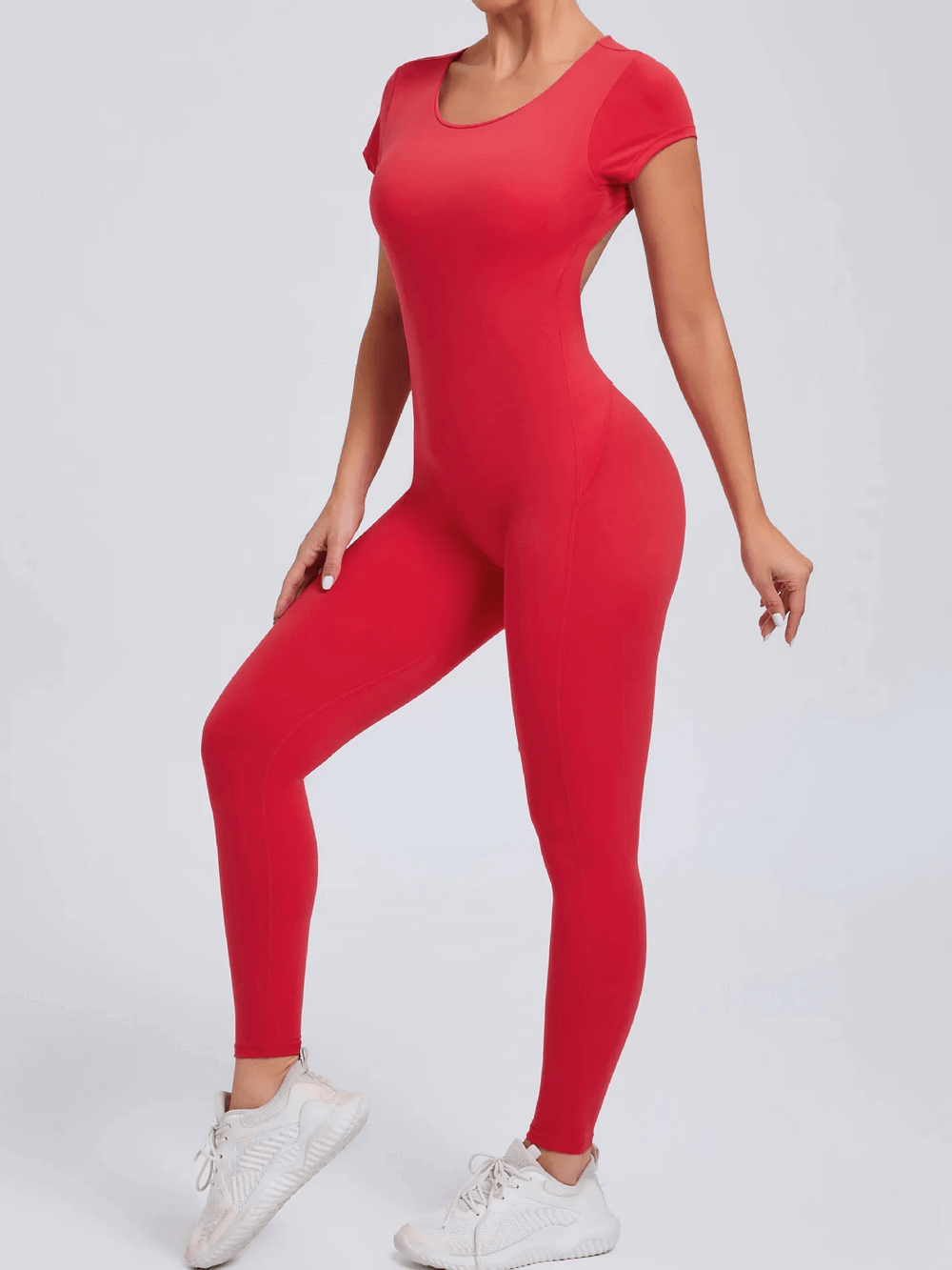 Gym Open Back Yoga Jumpsuit with Short Sleeves - SF4291 red slim-fit one-piece short-sleeve workout jumpsuit for women